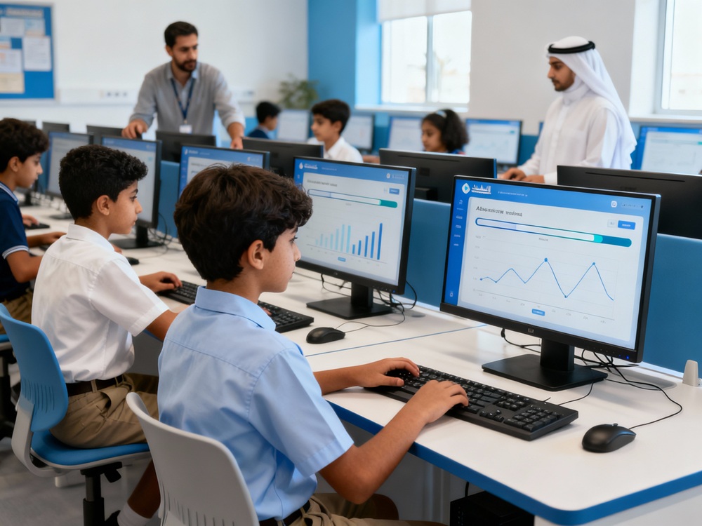 Students in a modern computer lab using ABA Adaptive for school exams in Dubai